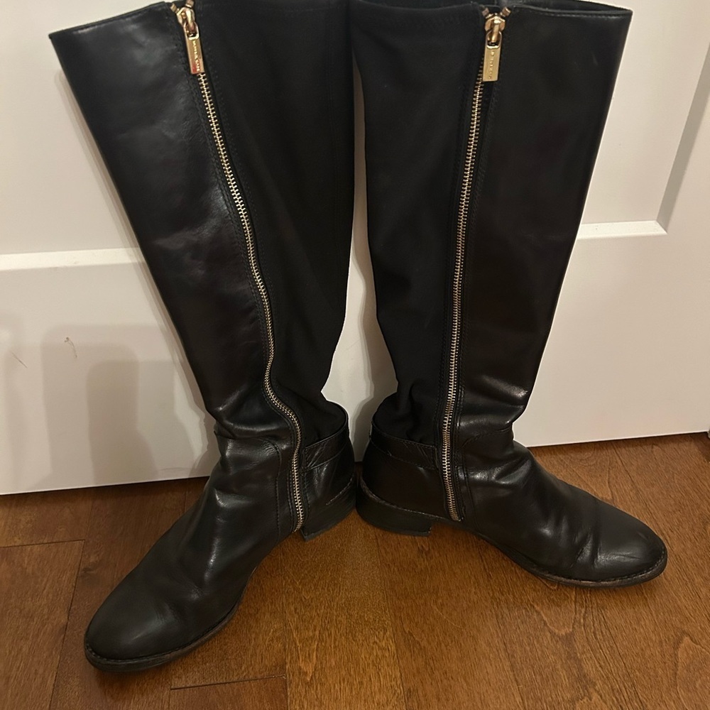 Michael Kors Black Leather Knee-High Riding Boots with Gold Accent & Zipper, 7.5 - Picture 2 of 10